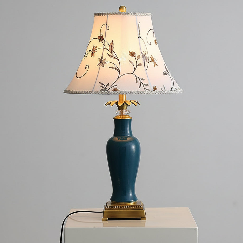 Glazed American Copper Ceramic Table Lamp With Fabric Shade