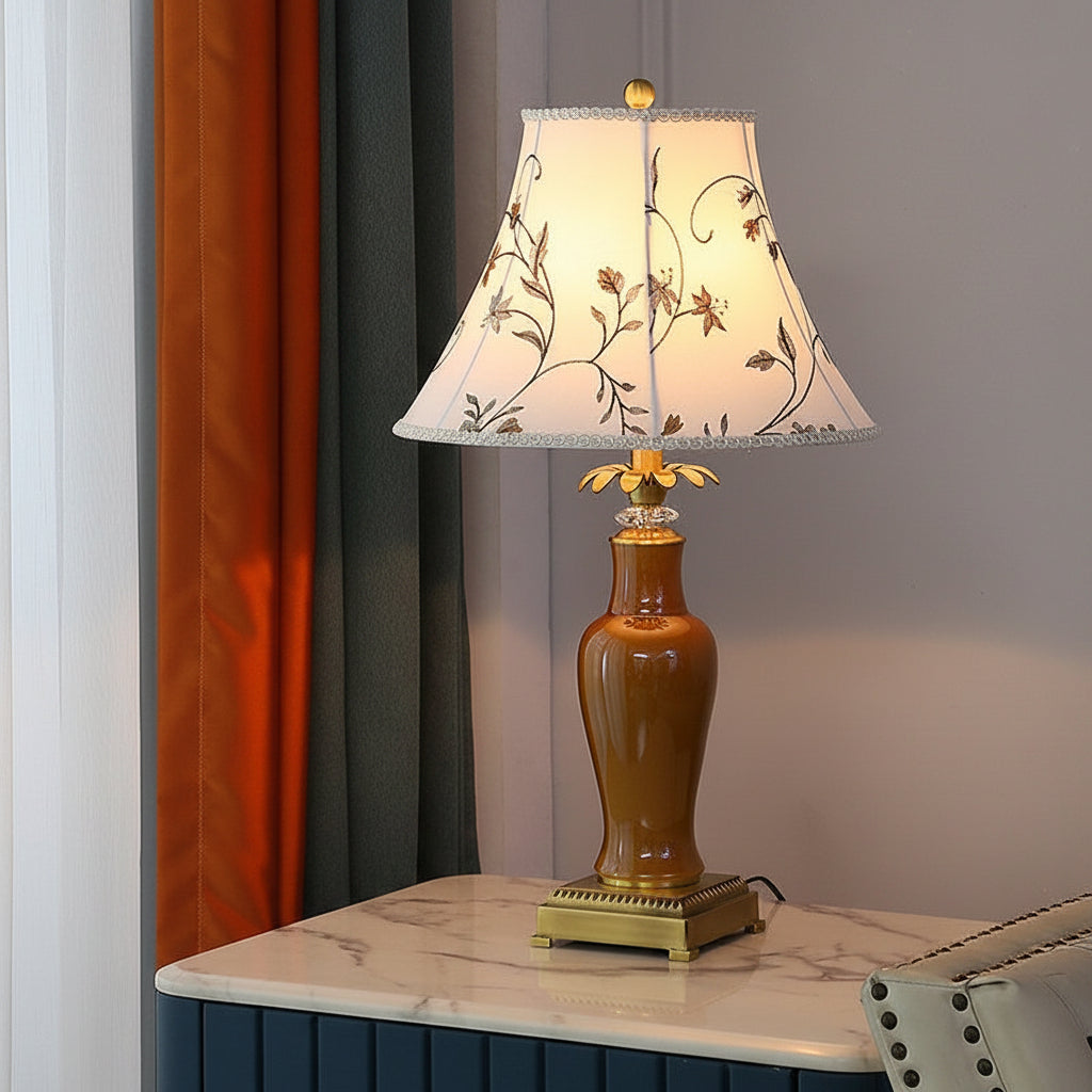 Glazed American Copper Ceramic Table Lamp With Fabric Shade