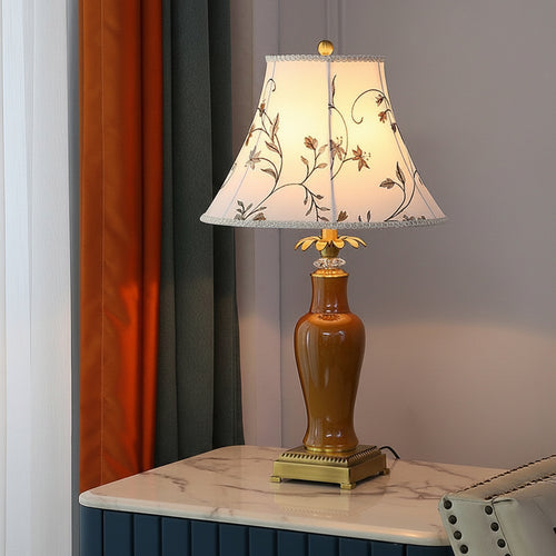 Glazed American Copper Ceramic Table Lamp With Fabric Shade