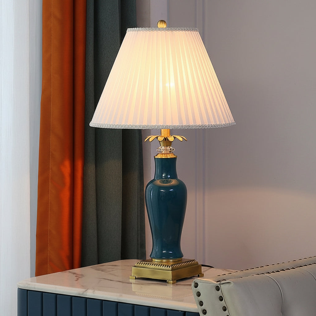 Glazed American Copper Ceramic Table Lamp With Fabric Shade
